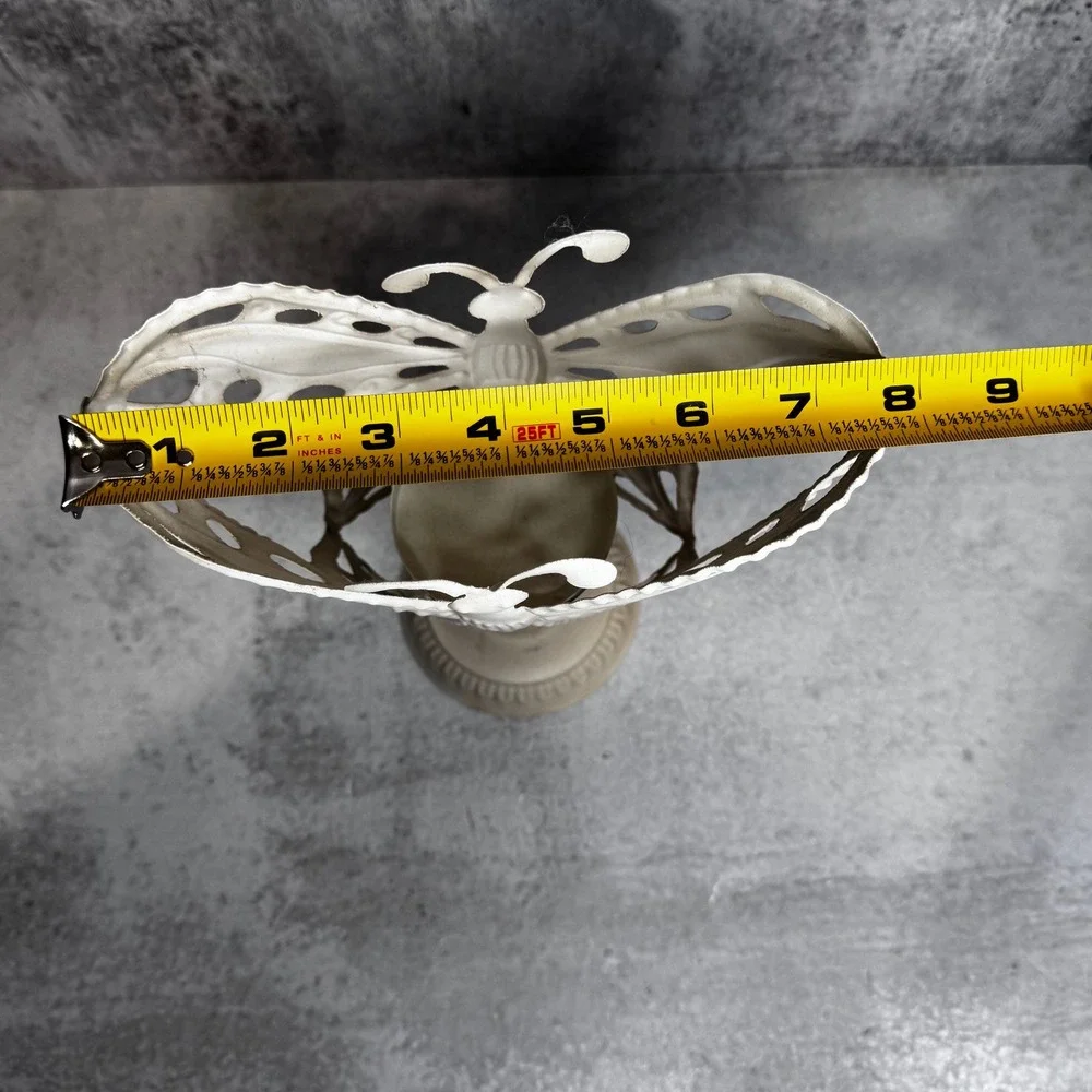 Cream Metal Butterfly Pillar Candle Holder Pedestal Distressed Shabby Chic